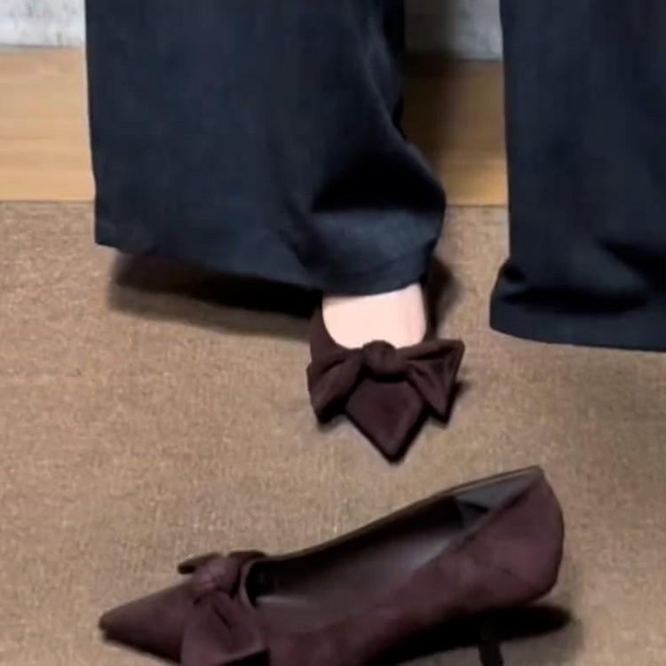 Fashion French pointed-toe bow suede single shoe for women 2025 new style Slim heel versatile and elegant commuting single shoe