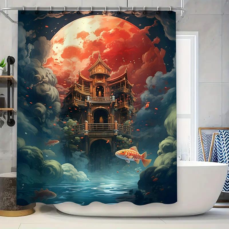 

Fantasy Castle Bath Curtain With Moonlit Night Fish Swimming Print Waterproof Shower Decorative Fabric Umbrella Tents W60H190(CM)-1 Pcs