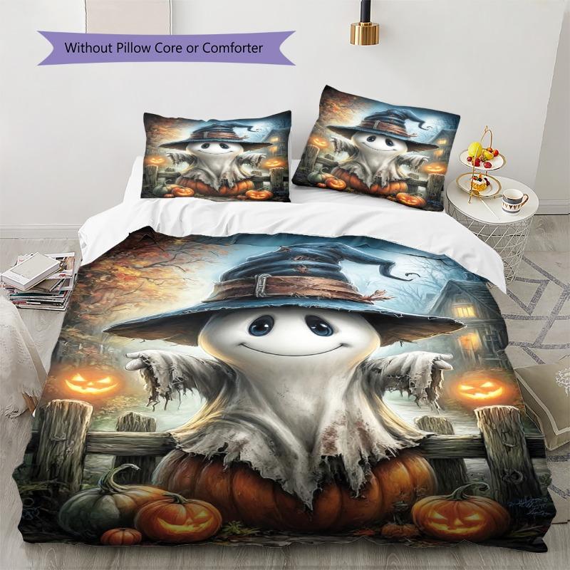 Cute Ghost Witch Hat Pumpkin Halloween Art Print 3‑Piece Bedding Set Duvet Cover With Pillowcases for Bedroom Holiday Home Decor