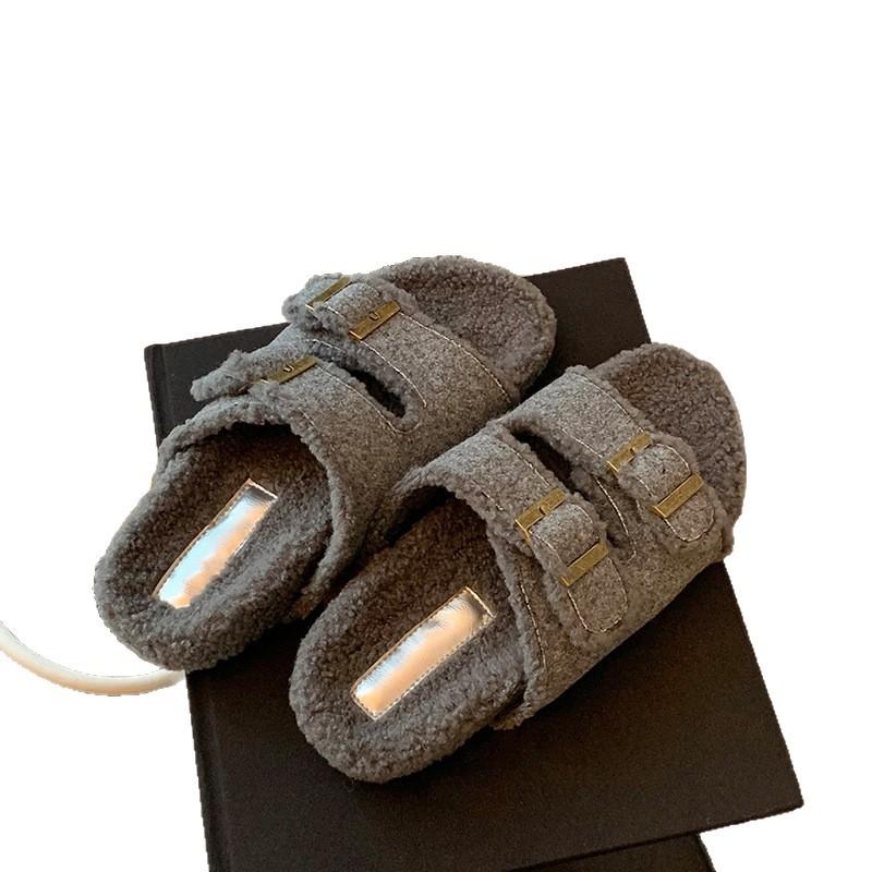 Soft Fur! Thick-bottomed Mao Mao Boken Slippers for Women's Outerwear 2025 Autumn and Winter New Versatile Double-buckle with Lazy Slippers
