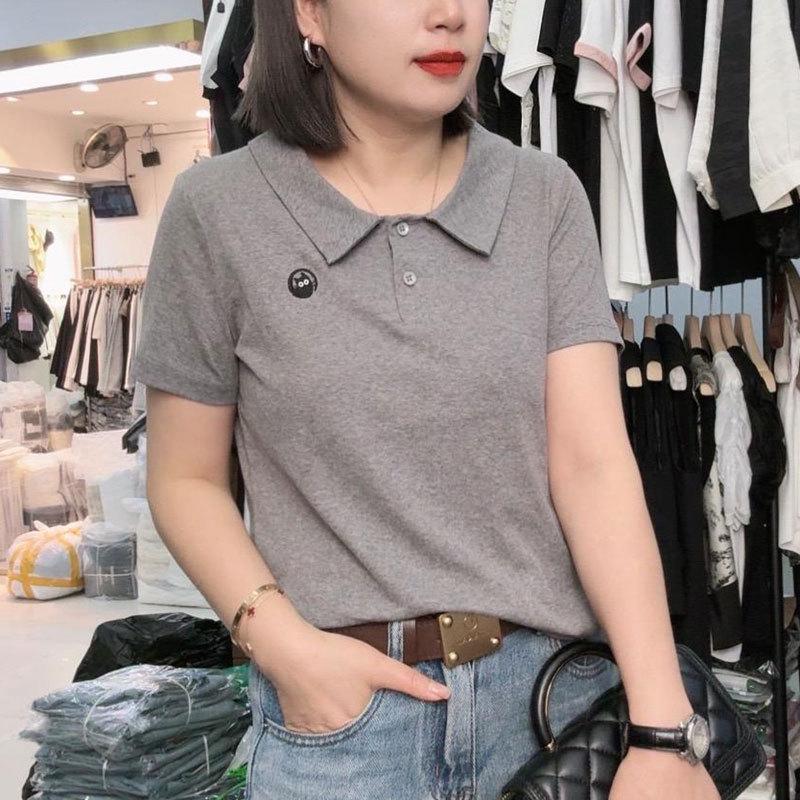 2024 Fashion Slimming Polo T-Shirt for Middle-Aged and Elderly Moms - Solid Color, Logo, Short Sleeve