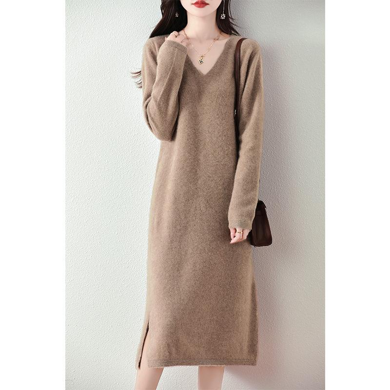 Women's Autumn V-Neck Knit Base Layer Dress Knee-Length Underlayer with Woolen Dress Elegant Slit Skirt