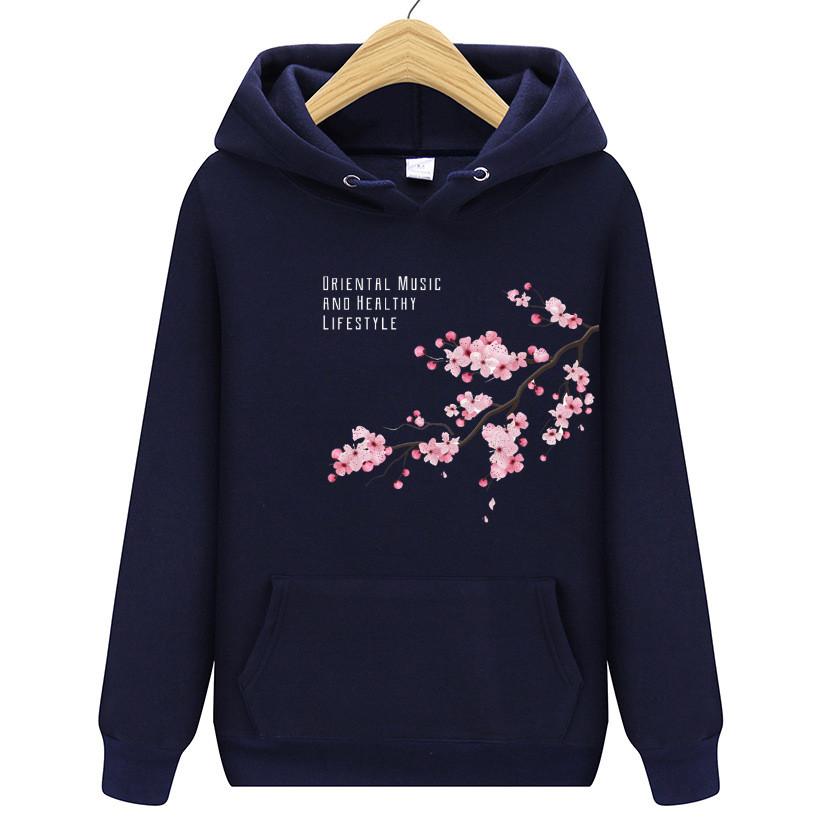 Men's and Women's Hoodie Fleece Fleece Autumn One Plum Blossom Printed Hooded Sweatshirt Street Wear Pullover
