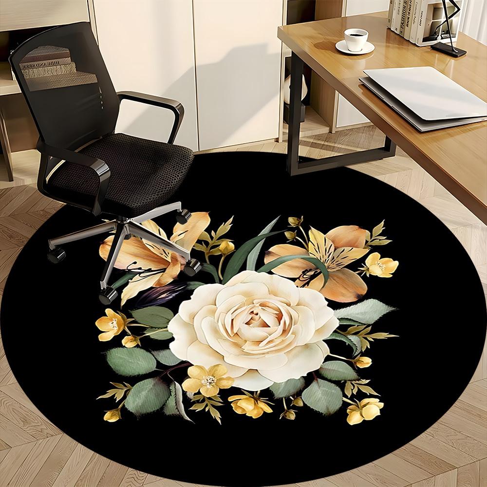 1pc Cream Rose Arrangement Chair Carpet for Office, Round Non-Slip Durable Large Size Office Carpet, Suitable for Office, Beautiful Decoration
