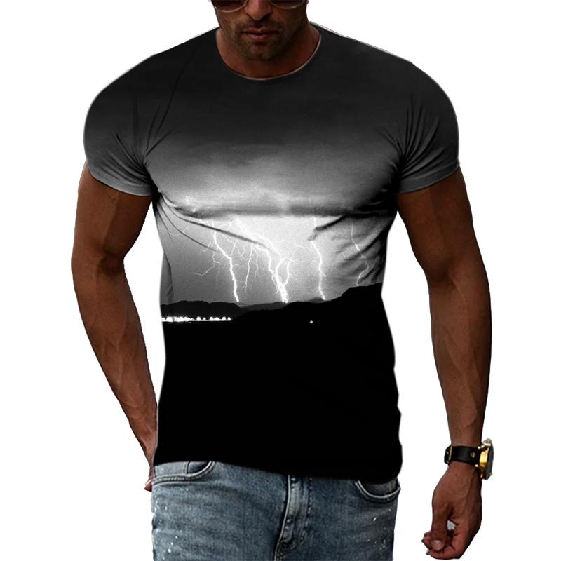 Sommer Naturlandskap Lyn Grafiske T-skjorter Menn 3D Mote Casual Personlighet Trykk T-skjorter Hip Hop Harajuku O-hals Topper