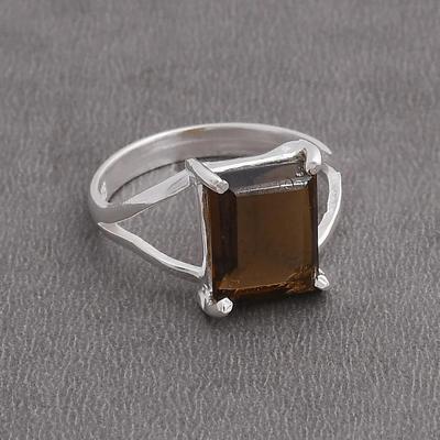 Anel de prata 925 com pedra preciosa de quartzo fumê, anel feito à mão, anel de empilhamento, anel de aniversário, anel de fixação de garras, anel para mulheres