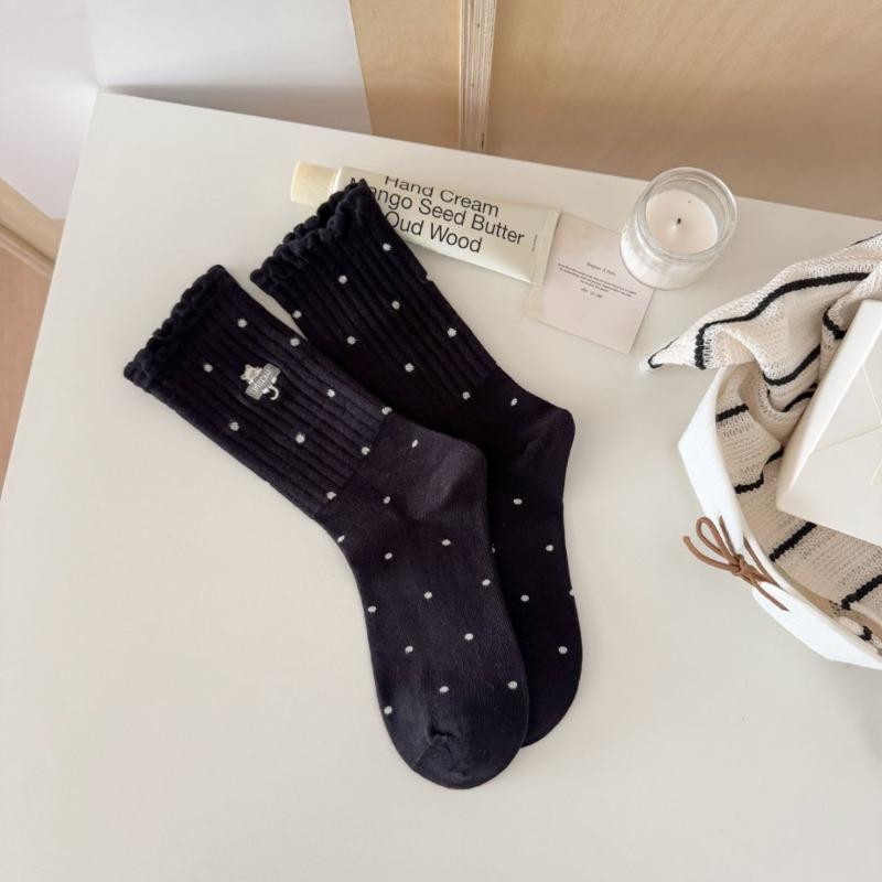 Autumn and Winter Embroidered Cat Polka Dot High Rubber Band Versatile Socks, Women's Mid-calf Socks, Bubble Mouth Lace Long Socks