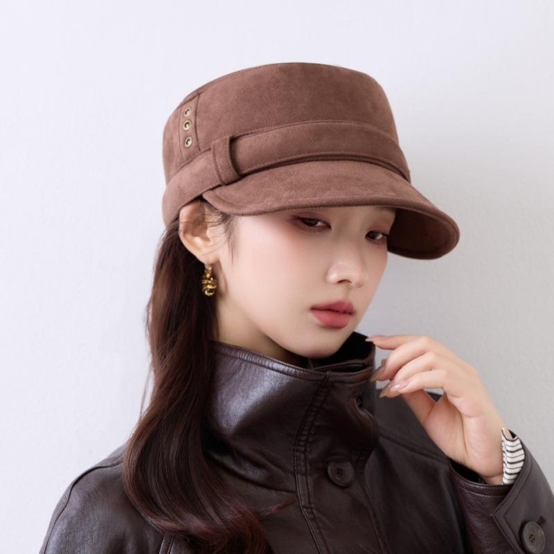 New Autumn and Winter Retro Suede Flat-top Military Hat for Women Showing a Small Face and Versatile Temperament Warm Cap
