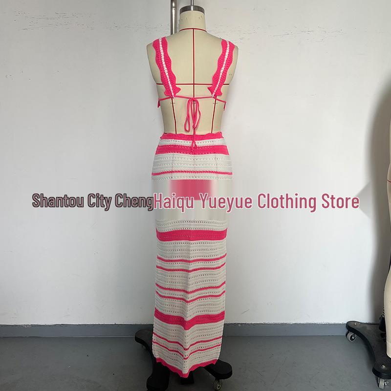 Striped European & American Fashion Vacation Beach Bikini Long Dress Set