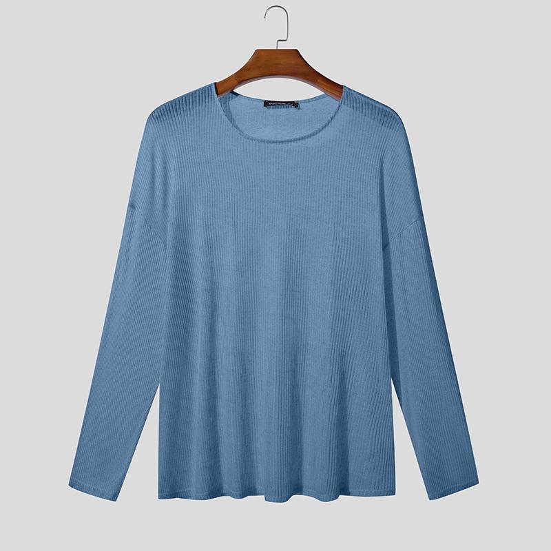 INCERUN Men Scoop Neck Long Sleeve Loose See Through Rib Undershirts Basics Tops
