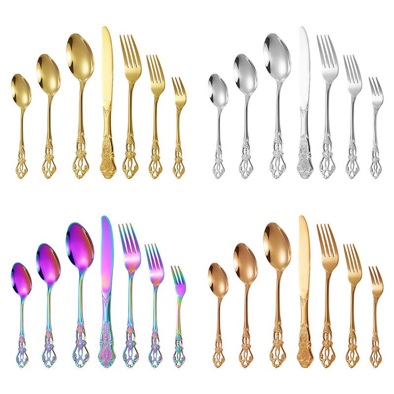 Elegant Stainless Steel Cutlery Set: Royal Court Embossed Steak Knife, Fork & Dessert Spoon for Western Cuisine