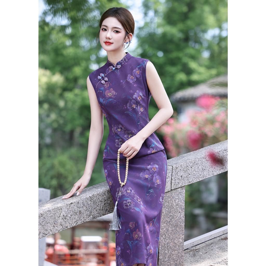 New Chinese cheongsam 1011 new women's sleeveless purple young summer retro waist pinch dress college entrance examination