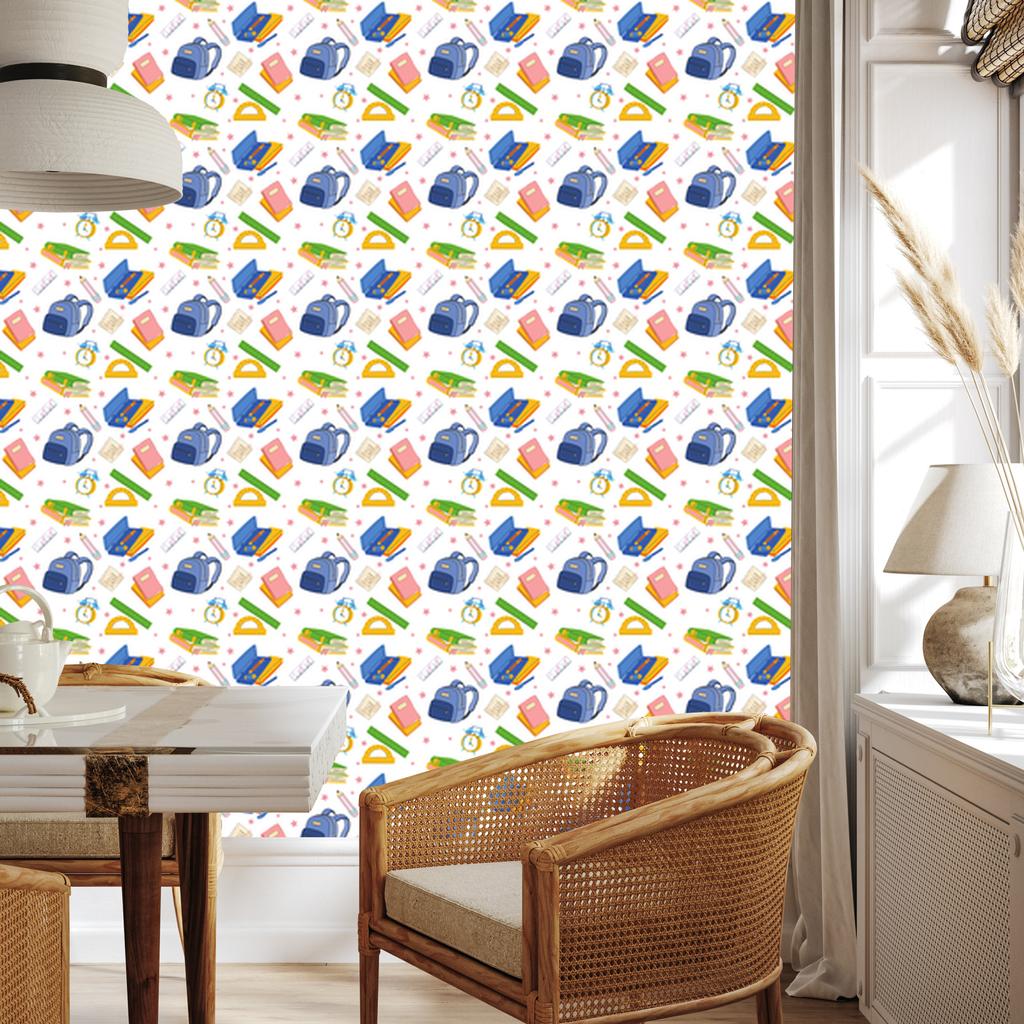 Back to School Wallpaper White and Blue for Living Room and Bedroom 50x1000