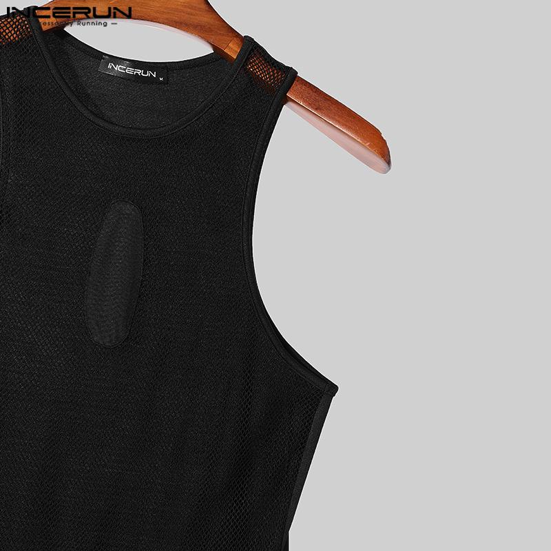 INCERUN Men Sleeveless See Through Hollow Bodysuits Mesh Patchwork Skinny Jumpsuits