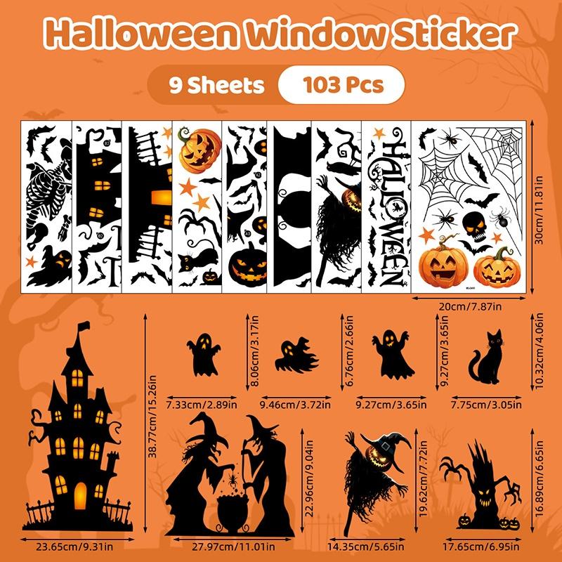 6/8/9 Sheets Halloween Window Clings Cute Ghost Pumpkin Bat Removable Self Adhesive For Home Party Glass Decor