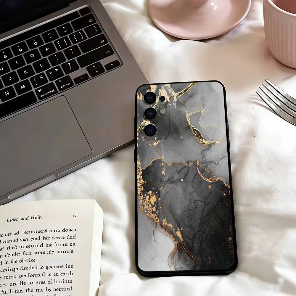 Marble Art Black Gold Phone Case Black Silicone Soft For Samsung S25,S24,S21,S22,S23,S30,Ultra,S20,Plus,Fe,Lite