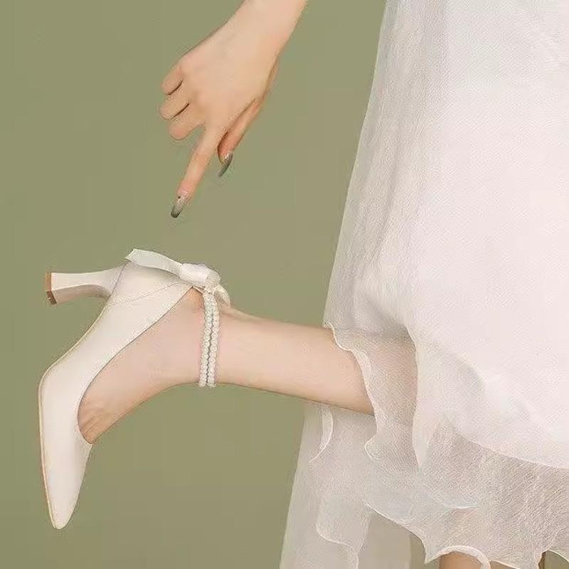 Fashion Fashion Single Shoes Summer New Pointy Head Shallow Mouth After Butterfly Knot Bead Anti-slip Wear-resistant High Heels