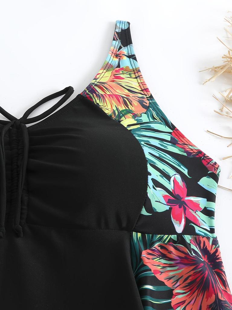 2025 Plus Size European Print Bikini with Tummy Control and Split Skirt Style