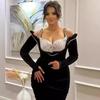 Elegant Black Spaghetti Strap Ruched Pearl Bodycon Cocktail Dress
