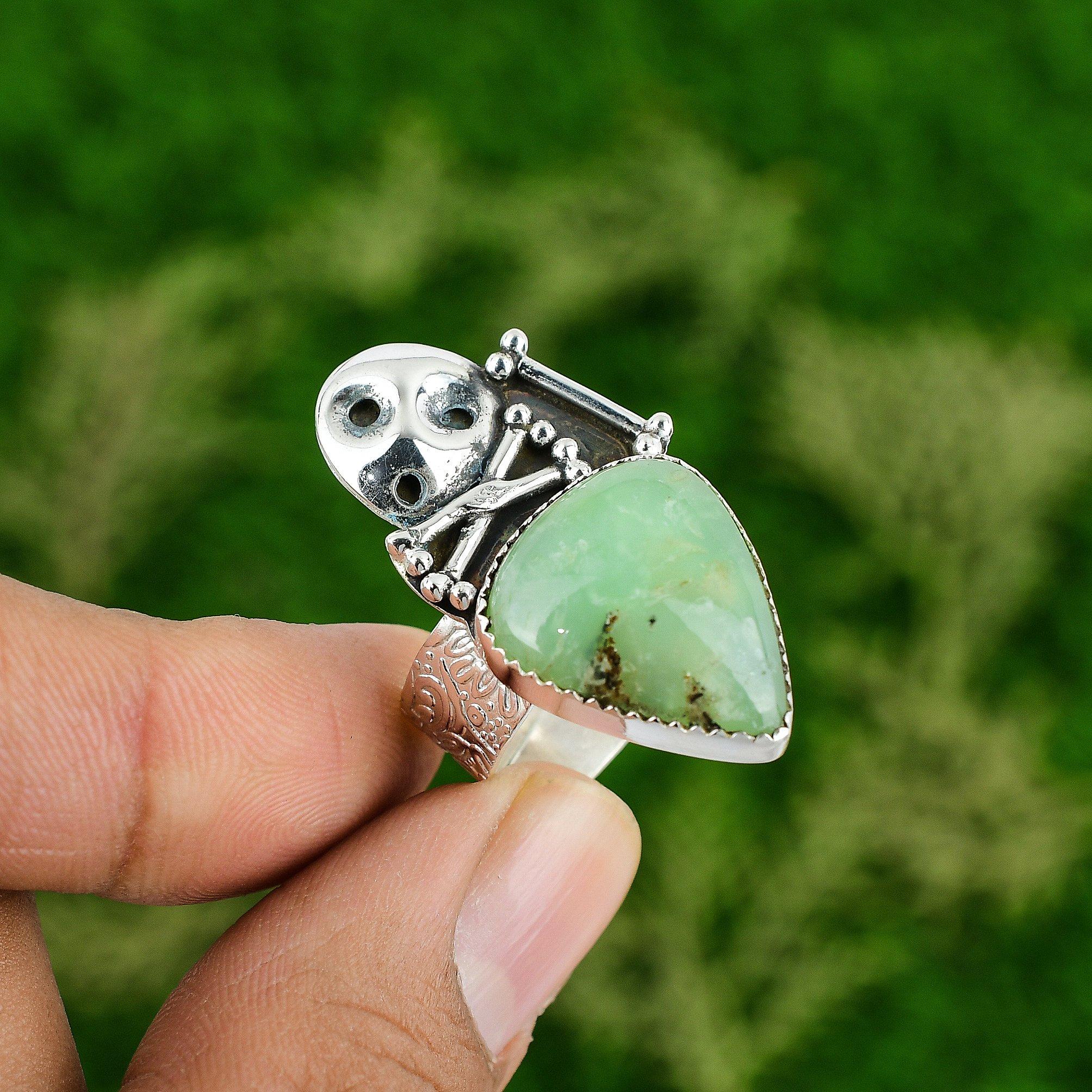 

Natural Chrysoprase Stackable Skull And Bone Adjustable Ring 925 Silver Adjustable