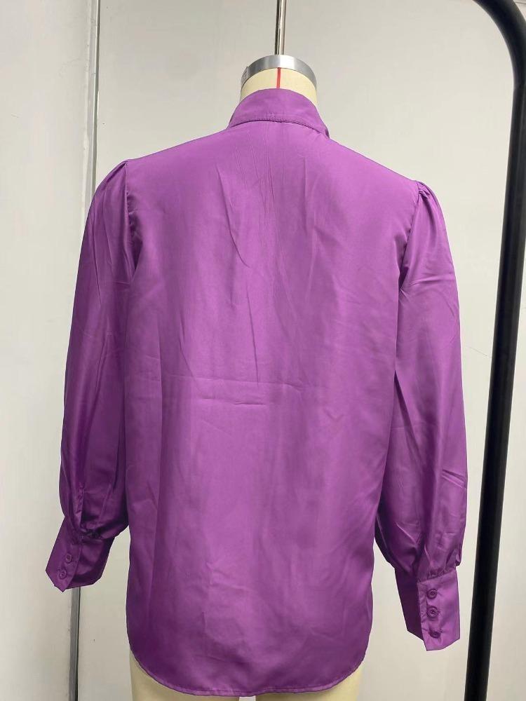 Women Loose Solid Color Button Down Shirt with Pleated Lantern Sleeves