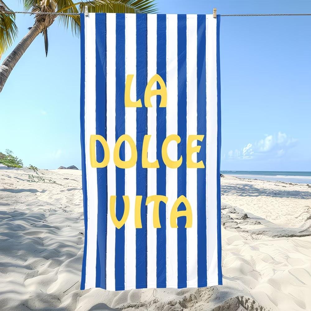 Extra Large Blue Striped Beach Towel, Oversized Microfiber Bath Towels, Aesthetic Italian Quote XL Summer Vacation Travel Towel