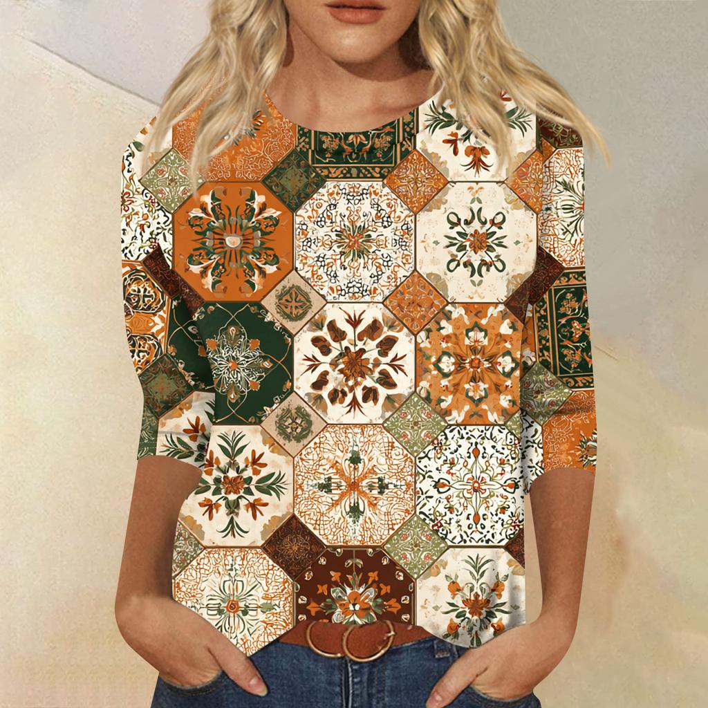 Women's Fashion Casual Round Neck Three-quarter Sleeve Retro Floral Print T-shirt Top