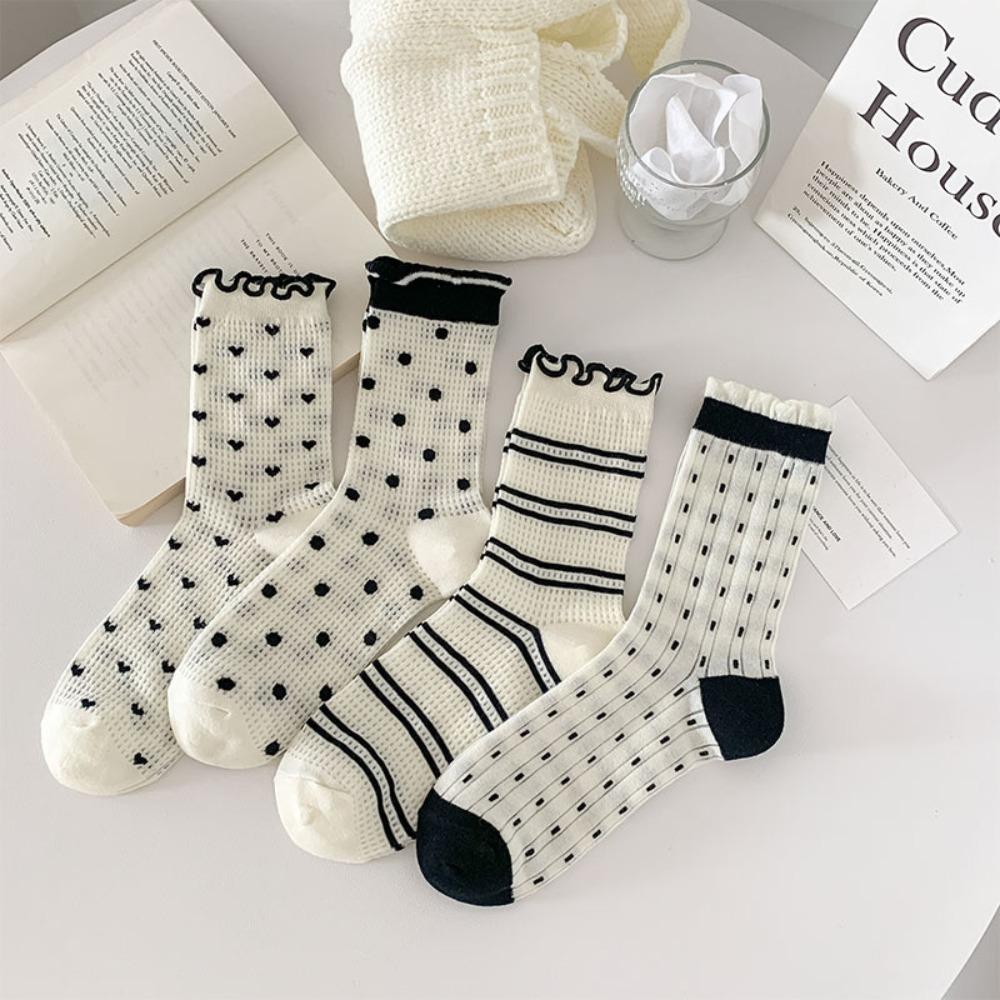 

Cotton Polka Dot Socks Mesh Hollow Ruffle Heart Socks Fashion Women Style C