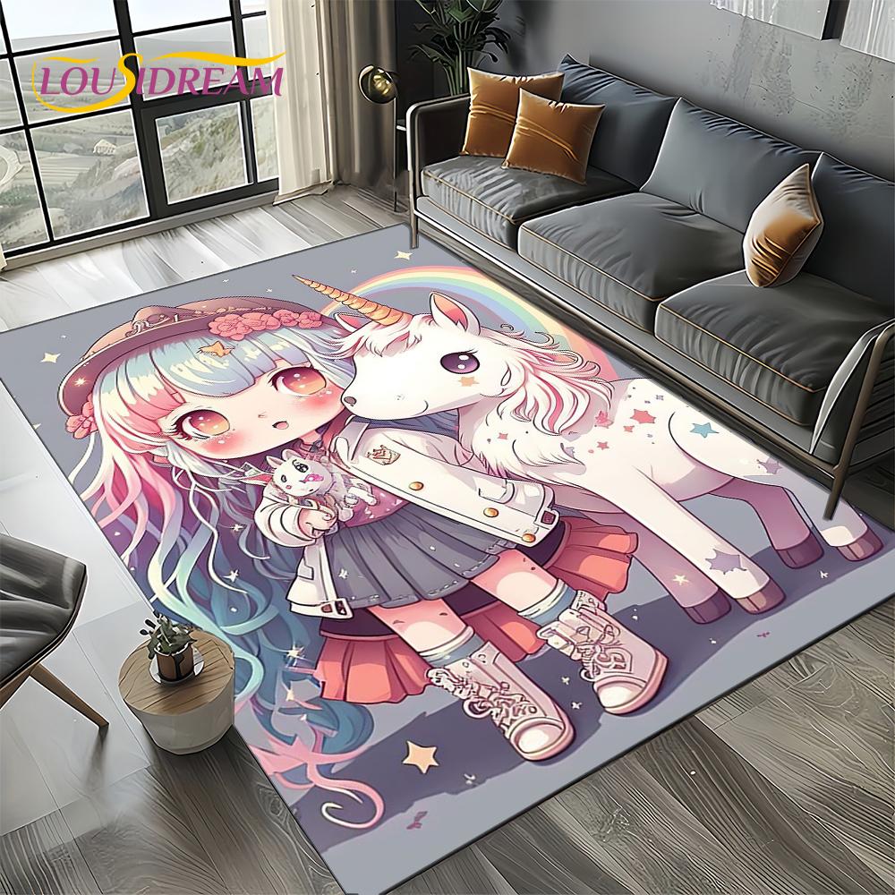 Unicorn Cartoon Cute 3D Dream Girl Carpet Rug for Living Room Bedroom Home Sofa Decoration,Kid Area Rug Non-slip Floor Mat Gift