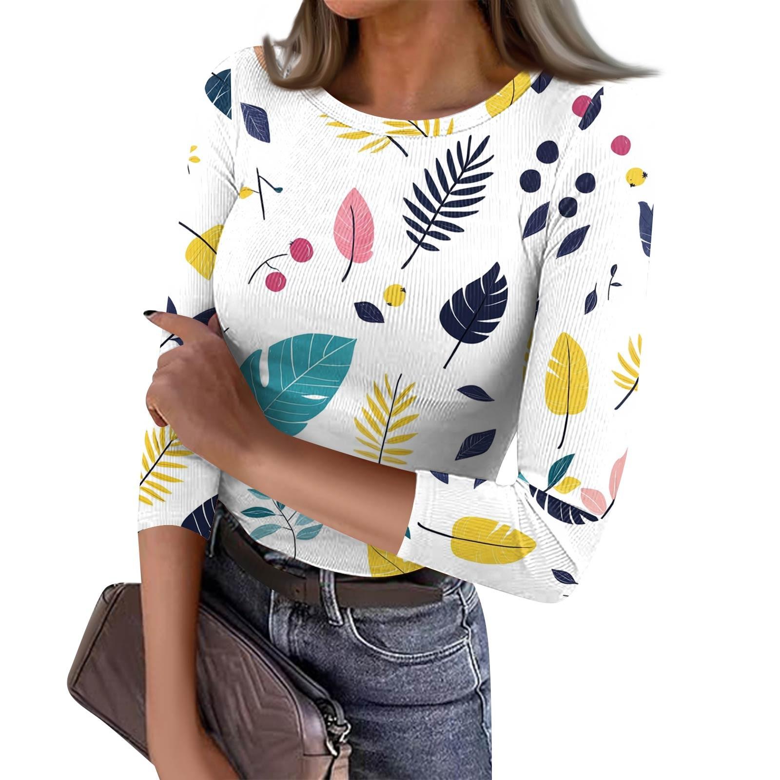 

Women s Slim Bottom T-shirt Fashion Casual Printed Round Neck Pullover Seven Sleeve Top S білий