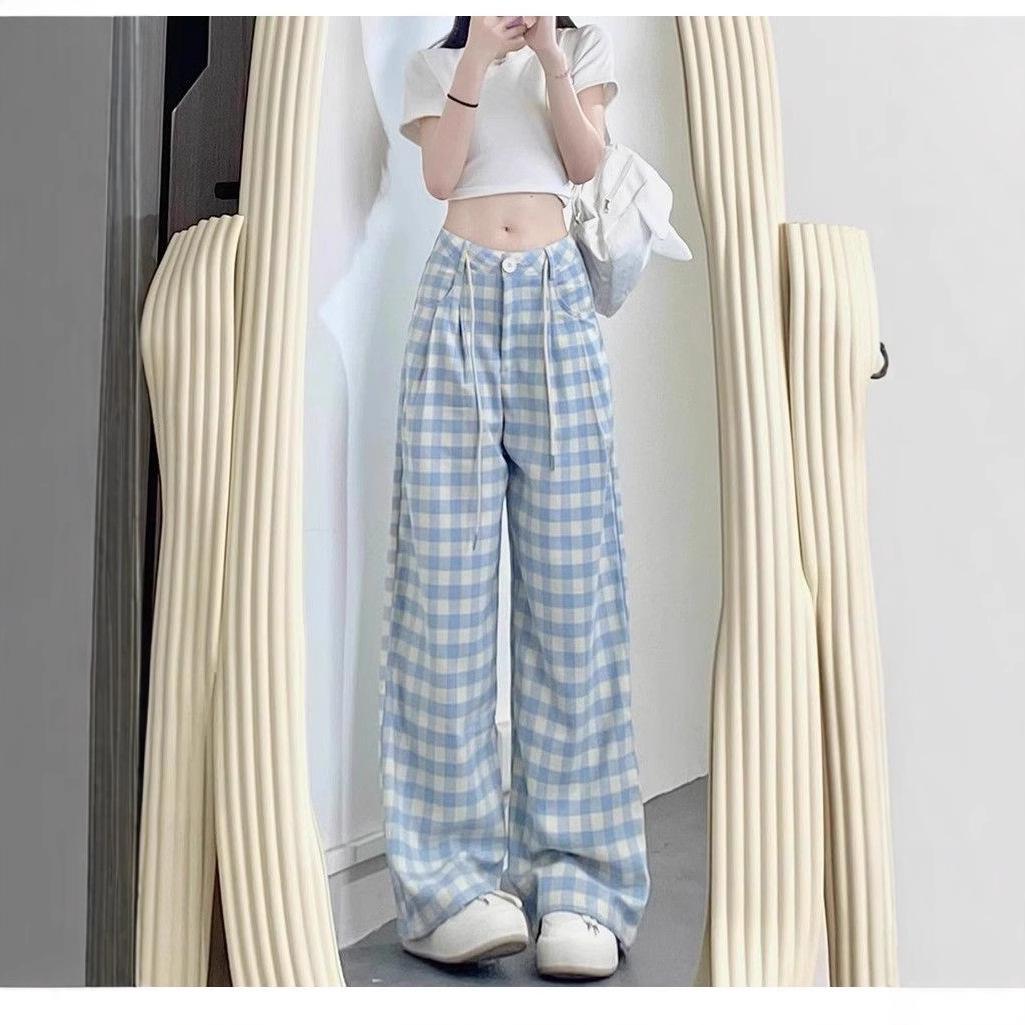 

Брюки женские широкие с подвернутым краем в синюю клетку - Большой размер, свободный крой для весны/лета S (up to 90 jin) синий