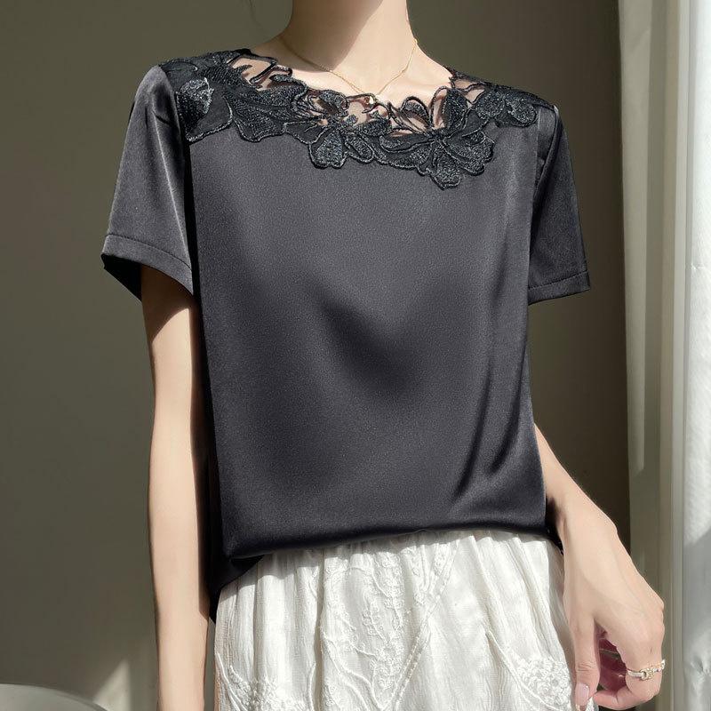 Summer new floral mesh short-sleeve casual T-shirt for women, fashionable top