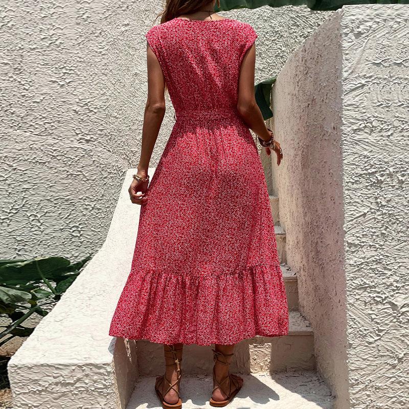 Summer lace-up V-neck short-sleeved floral split dress in stock