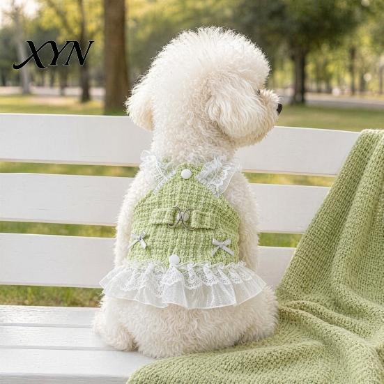Spring Dog Clothing Sleeveless Tweed Dress, Ruffled Pet Dress with Lace Breathable Mesh Apparel Trim, Cute Summer Harness for Small Dogs Stylish