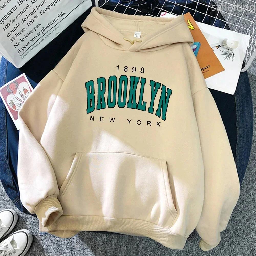 Brooklyn Letter Print Kangaroo Pocket Hoodie Sweater Fashion Hip Hop Street Ladies New York Autumn Clothing Winter Clothes Women