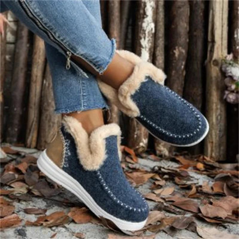 Fashion Women's Cotton Shoes Large Size Plus Fleece Thickened Rough Edge Warm Flat Cotton Shoes Women  Autumn and Winter New Snow Boots