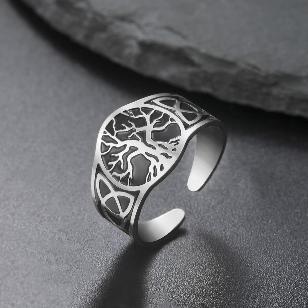 Titanium Steel Tree of Life Ring Personality Trend Hip Hop Punk Stainless Steel Smear Opening Rings for Men