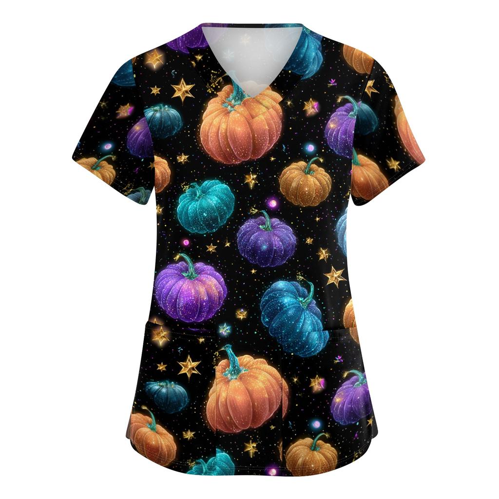 Women's V Neck Short Sleeve Work Top with Pockets Halloween Print Medical Uniform Shirt for Caregivers and Healthcare Professionals