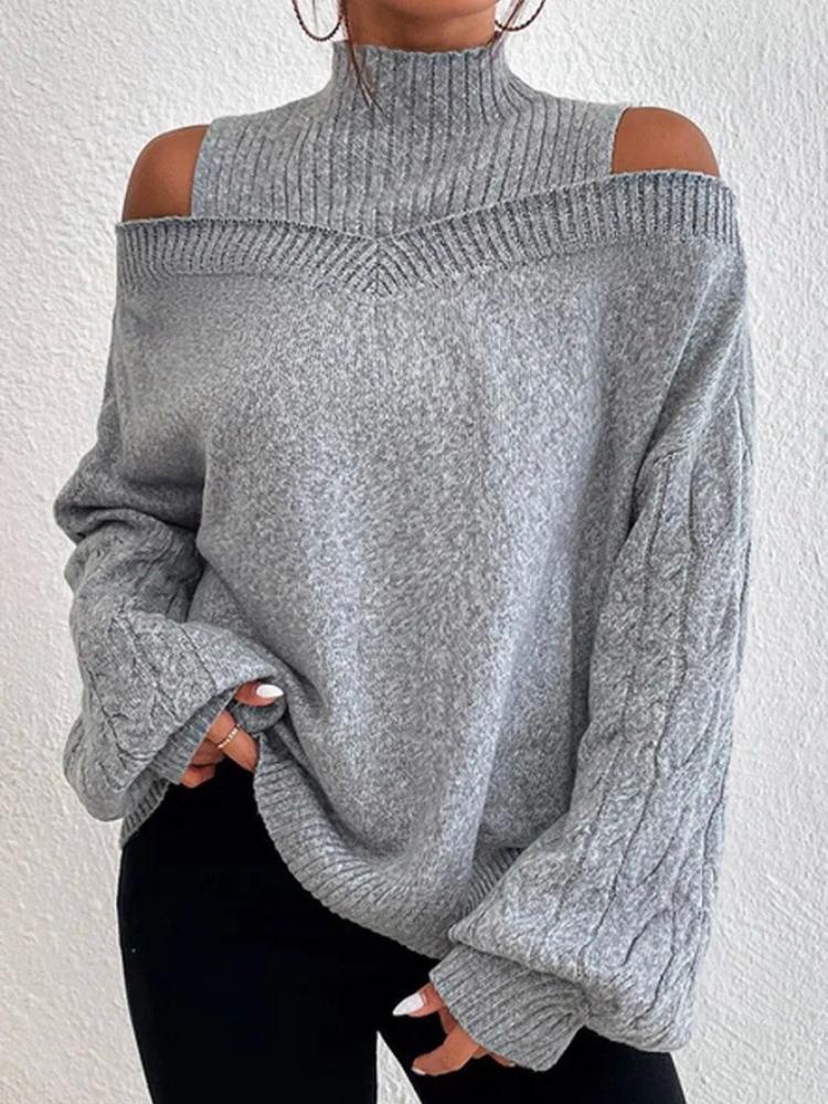 Damen Strickpullover mit Carmen-Ausschnitt, Hochgeschlossener Zopfmuster-Pullover