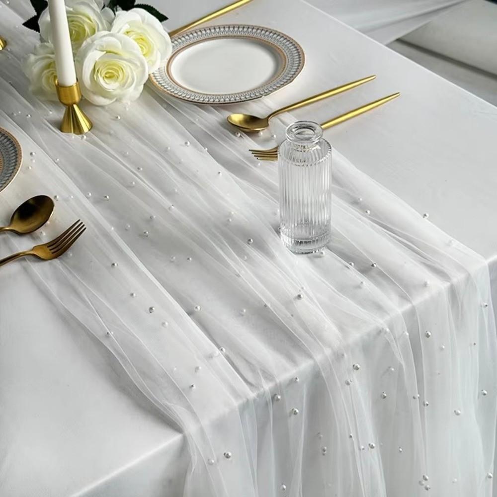 New 75x300CM Pearl Table Runner Tulle Bohemian Party Tablecloth Table Cloth Dessert Table Decor