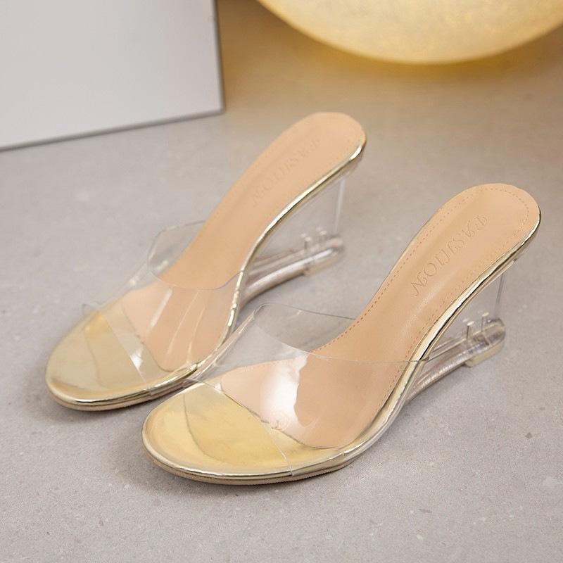 

2024 summer new fashion high-heeled slippers female transparent wedge shoes one-character outer wear fairy wind cool slippers tide 35 золотой