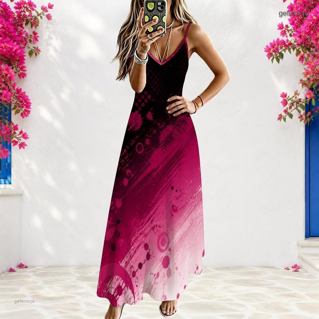 Women Plus Size Off Shoulder V Neck Spaghetti Strap Sleeveless Colorful Swirl Print A Line Long Dress
