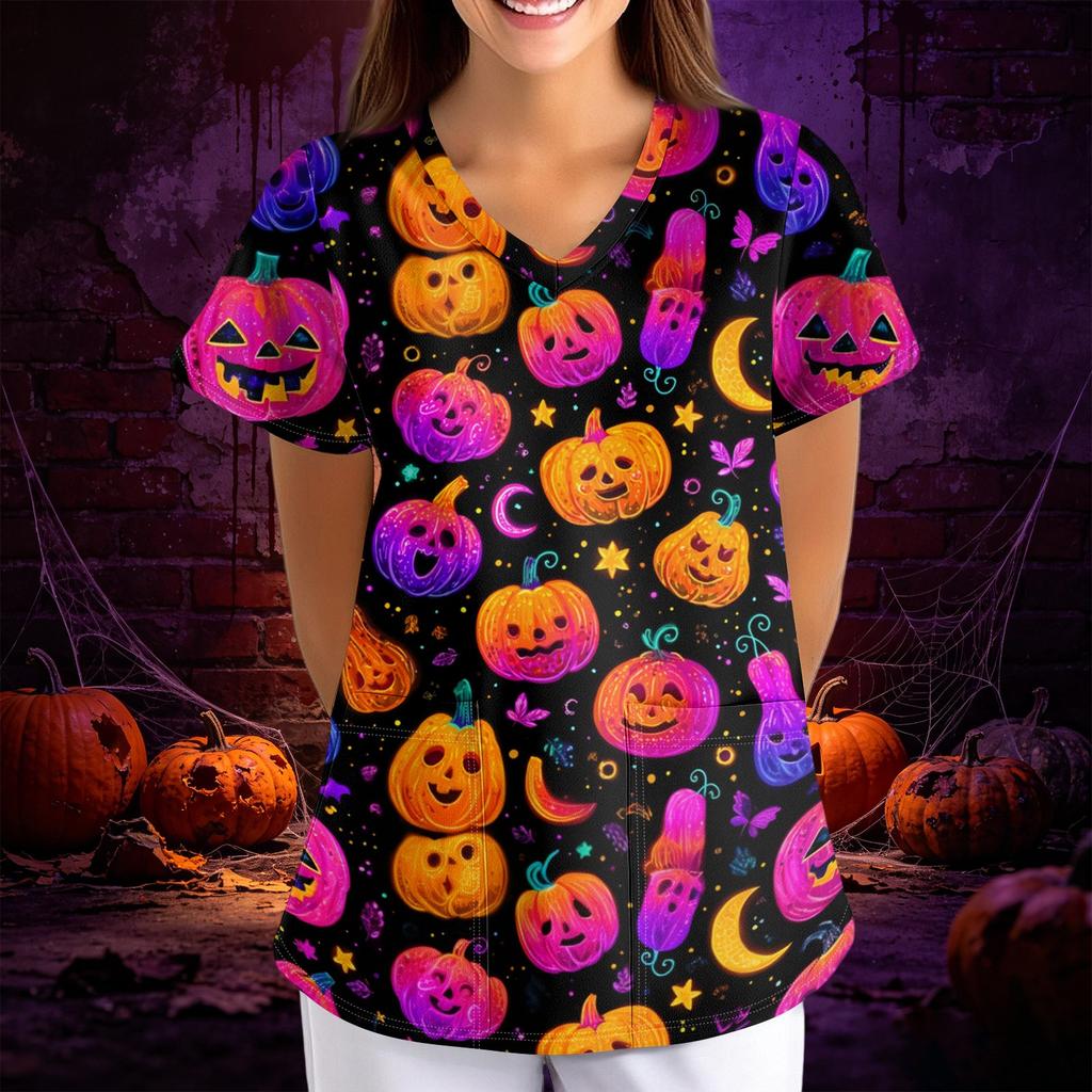 Womens Halloween Print Loose Fit V Neck Pocket Short Sleeve Scrub Top for Nurses and Professionals