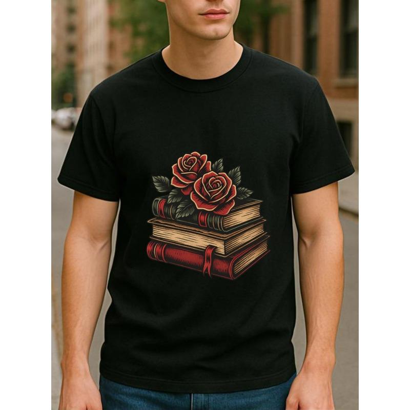 

European sizes Valentine s Day retro book-scented camellia Men s printed short-sleeved T-shirt, casual commuting printed shirt, 4XL чорний