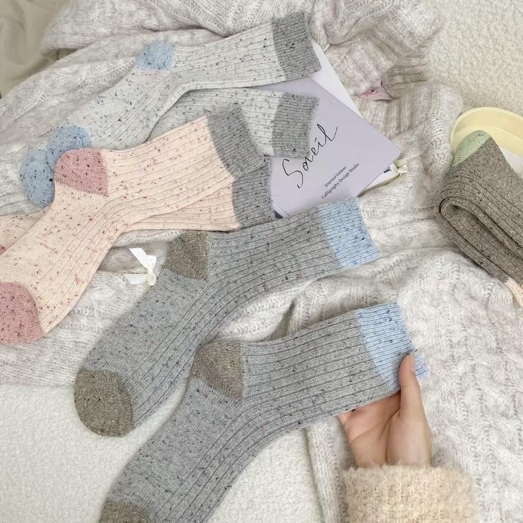 Korean Color-Blocking Thickened Point Yarn Wool Socks For Women Warm Boneless Pile Socks Versatile Mid-Tube Socks