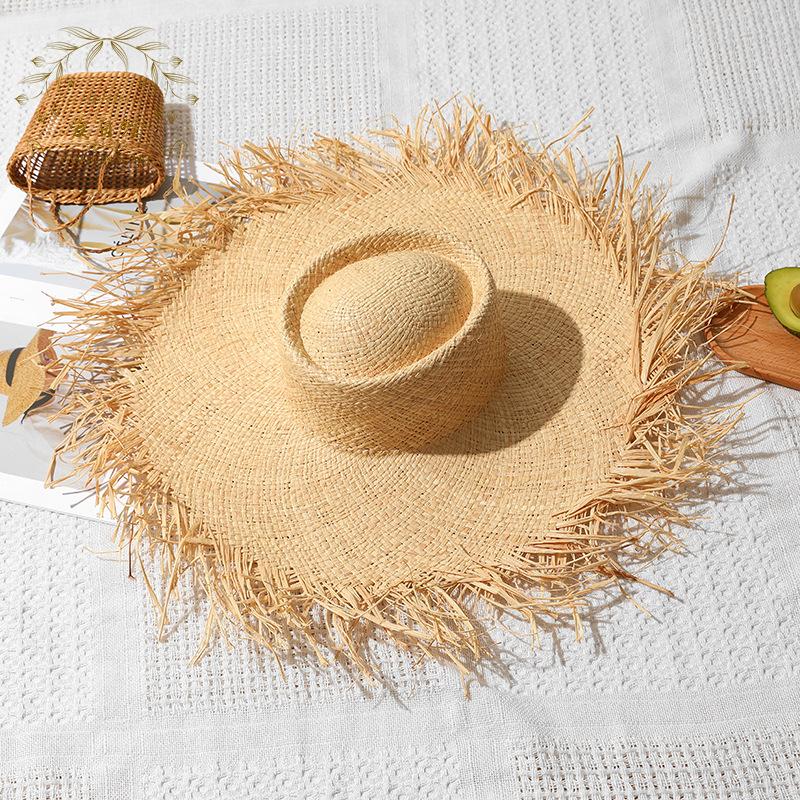Handmade Weave Natural Raffia Straw Hats For Women Girl Summer Large Tassel Wide Brim Panama Beach Sun Hat Lady Holiday Jazz Cap