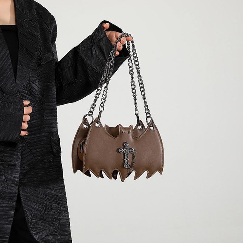 Gothic Style Bat & Skull PU Leather Shoulder Bag Vintage Solid Color Crossbody Bag with Adjustable Chain Strap for Outings, and Everyday Use