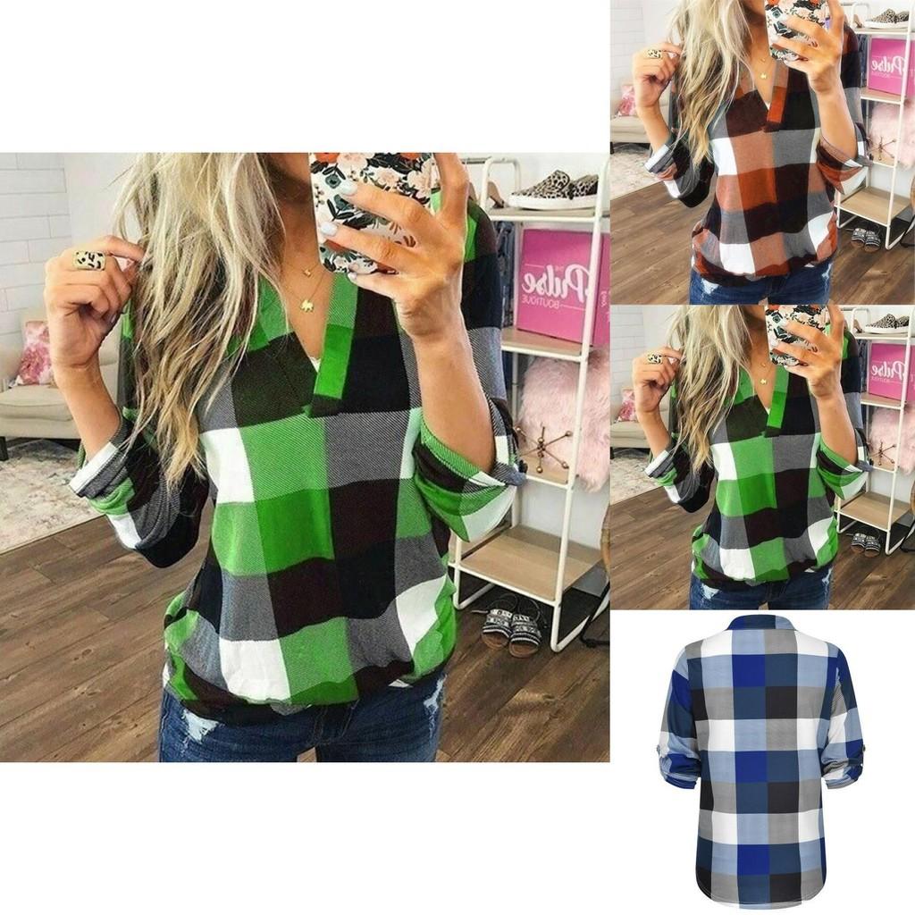 Stylish S-5xl Women's Long Sleeve Plaid T-shirt Blouse With V-neck Design