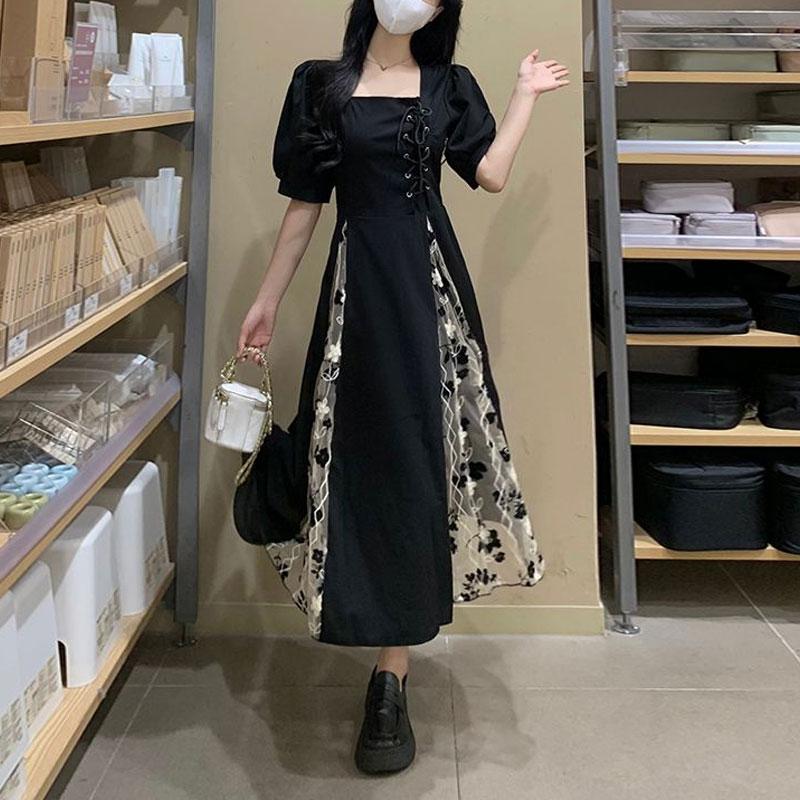 Fashion Broken Flowers Spliced Midi Dress Summer French Style Elegant Square Collar Vintage Chic Bandage Dresses