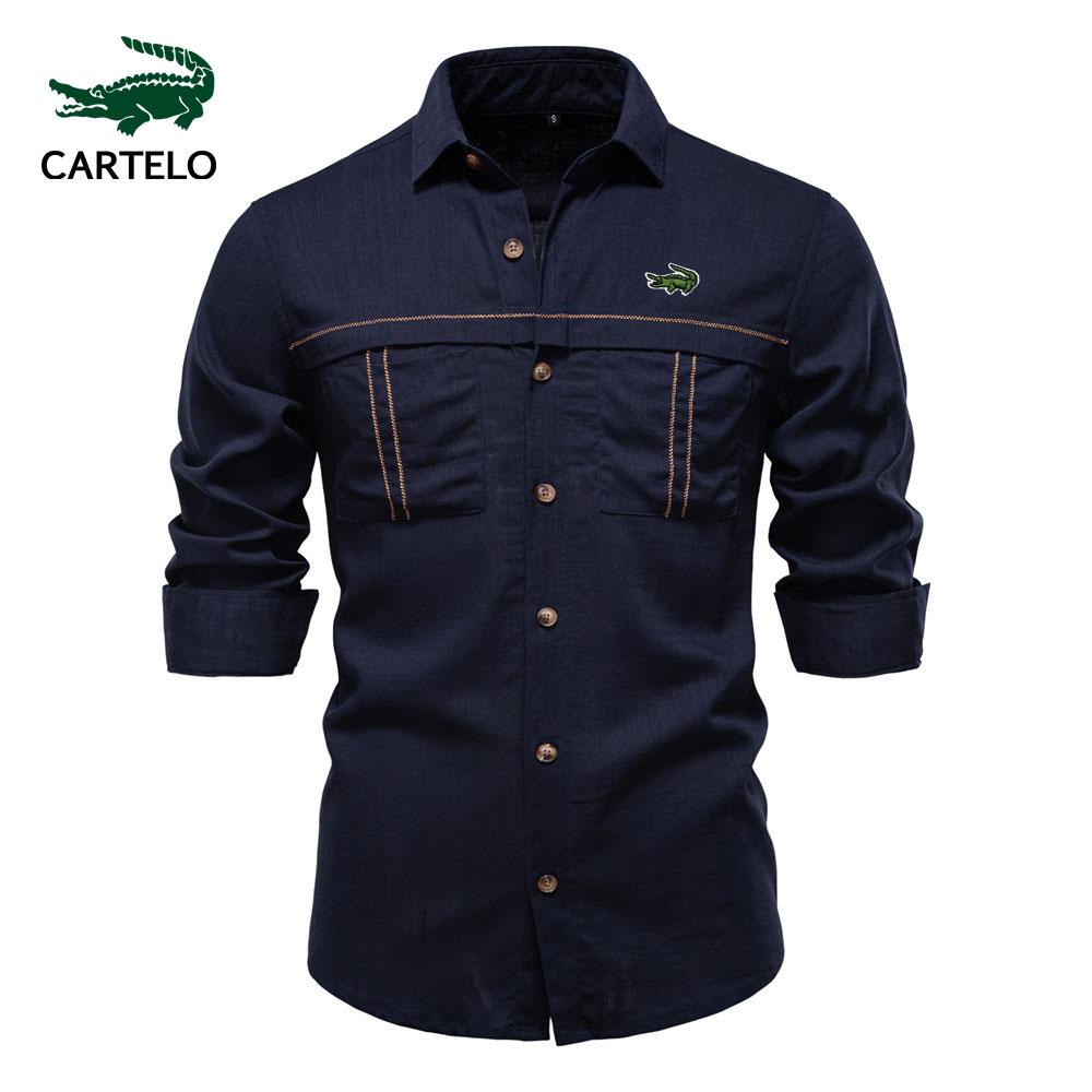 

Cartelo 2025 Spring and Summer New Embroidered Men s Casual Shirt Large Solid Color Pocket Decoration Long Sleeve Shirt for Men S белый